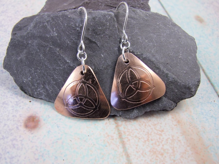 Triquetra Earrings, Sterling Silver and Copper Triangle Celtic Design Earrings