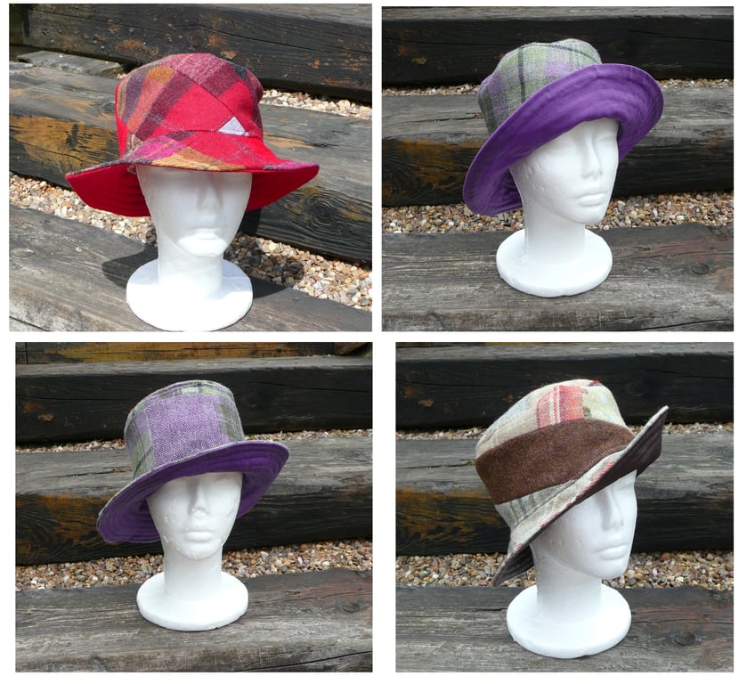 Patchwork british wool tweed bucket hats ladies hats winter hats pull on hats