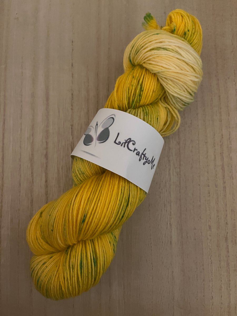 'Spring Meadow' 4ply Sock Yarn 100g Hand Dyed Yellow Tonal Green Speckles
