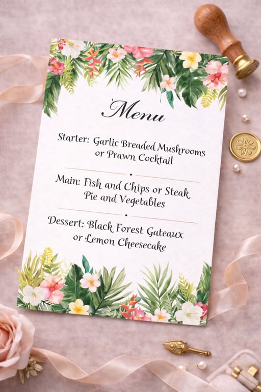 Tropical Wedding Menu Cards - Matching Floral Reception Table Menus