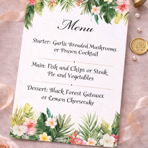 Tropical Wedding Menu Cards - Matching Floral Reception Table Menus