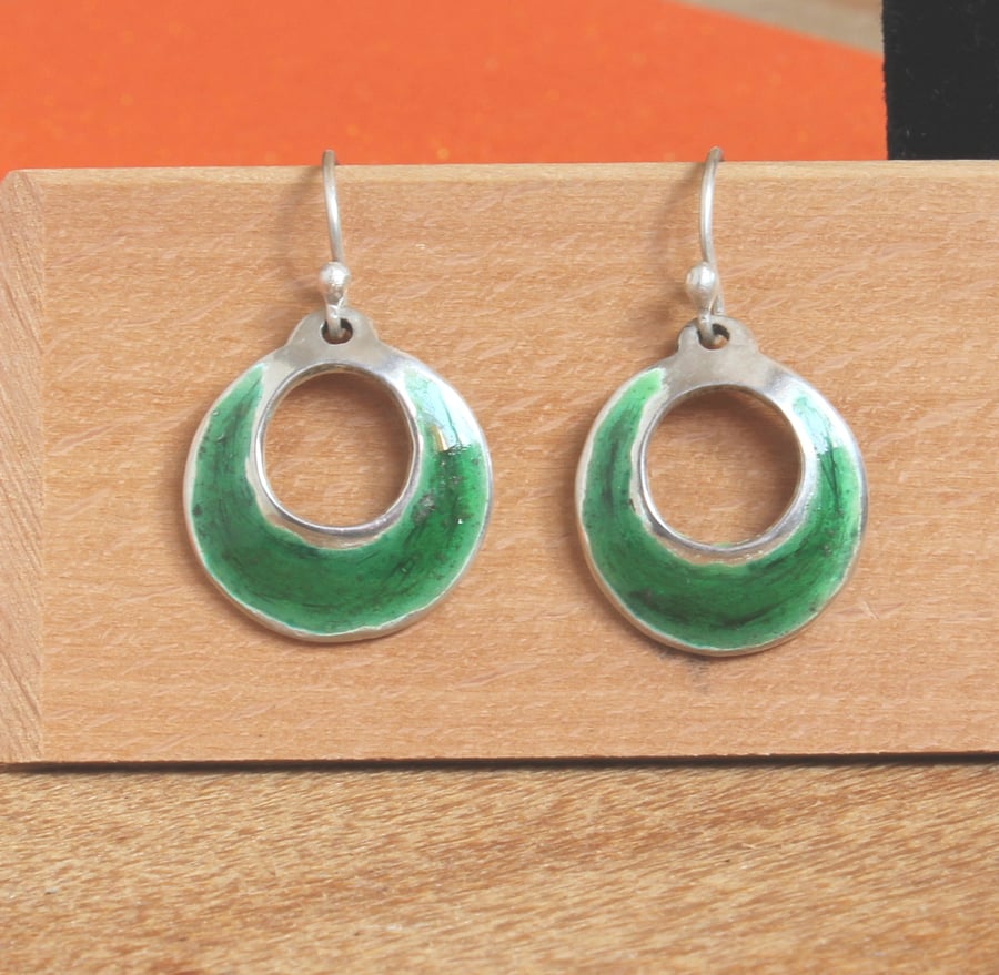 Emerald Green - Enamel on Silver Disc Earrings
