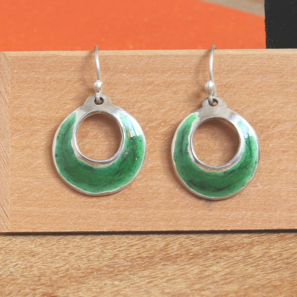 Emerald Green - Enamel on Silver Disc Earrings