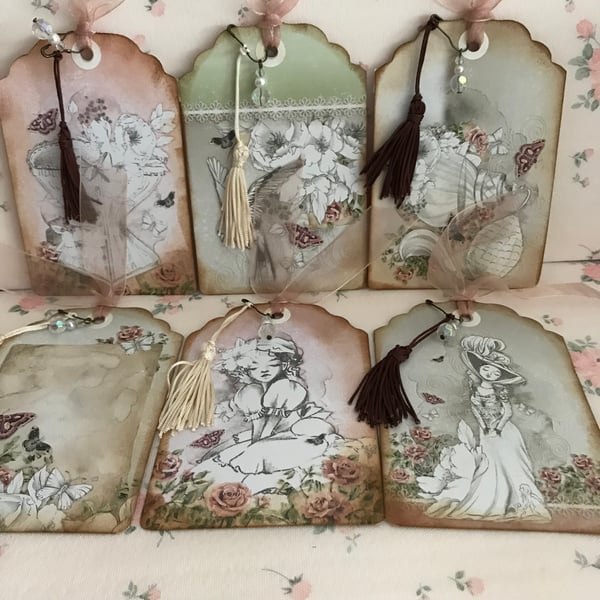 Set 6 Pretty Vintage lady embellished tags journal cards toppers 