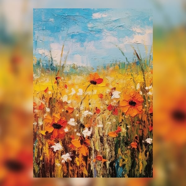 Field of Wildflowers, Oil Painting Print, Nature Themed Art, 5x7