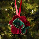 Christmas Tree Decoration, Green and Red Fabric Felt Flower Christmas Bauble
