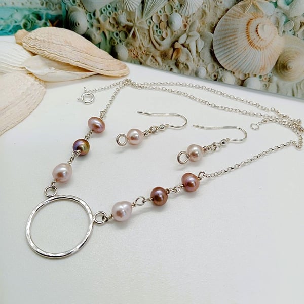 Pearl jewellery set necklace earrings minky pearls freshwater sterling silver