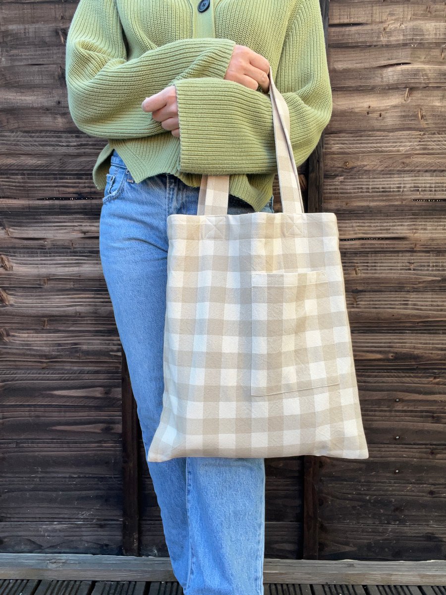 Beige Gingham Cotton Tote Bag
