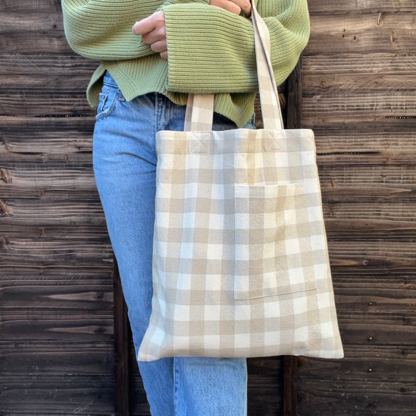 Beige Gingham Cotton Tote Bag