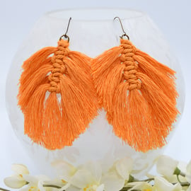 Bright Orange Macrame Feather Earrings