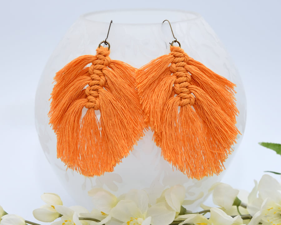 Bright Orange Macrame Feather Earrings