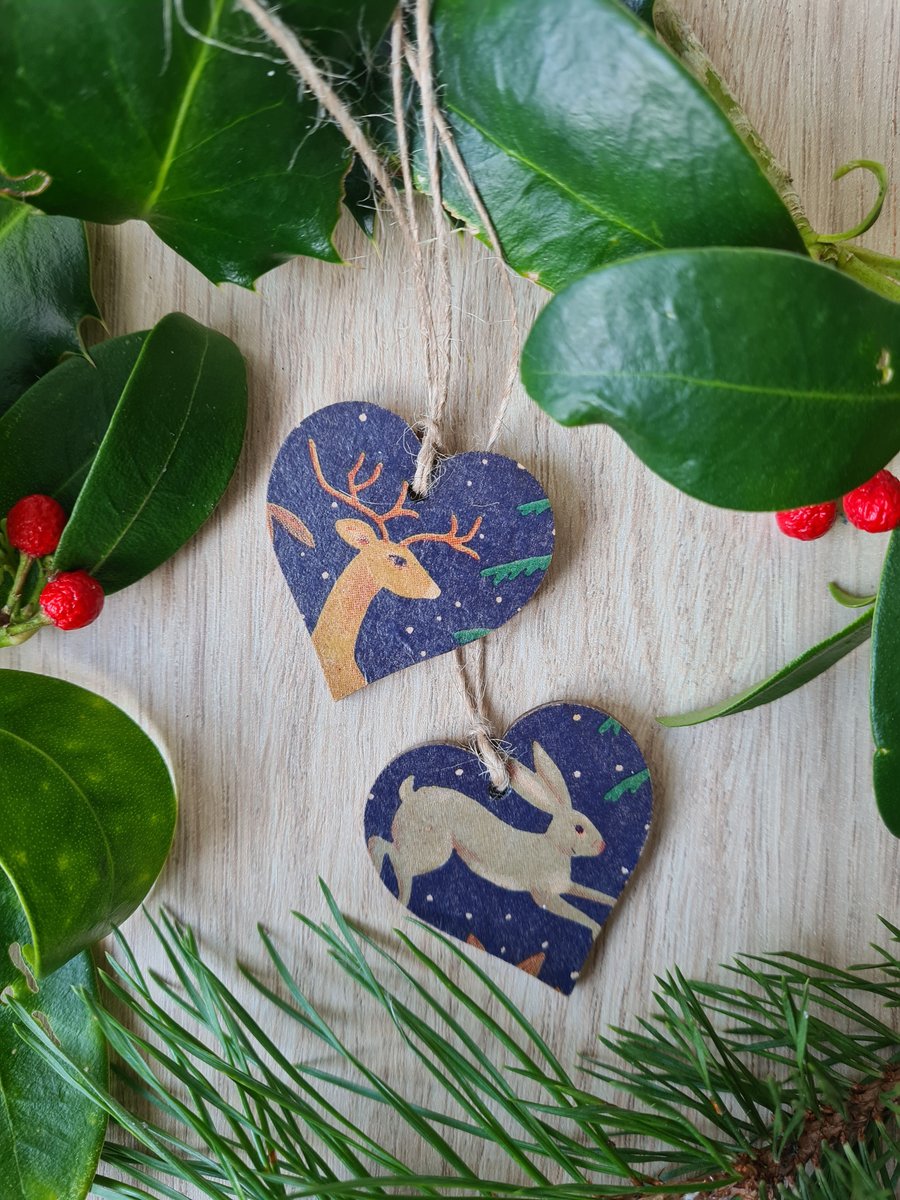 2 gift tags Christmas woodland wooden decorations decoupage 
