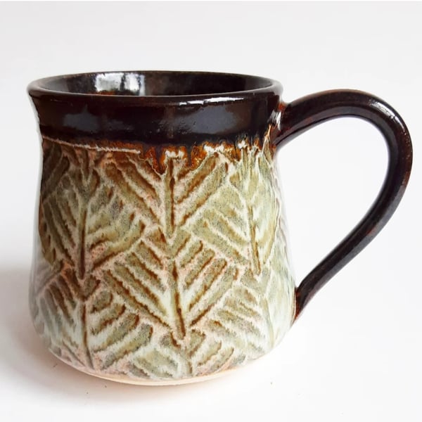 Mug Patterned Brown Glazed  - Hand Thrown Stoneware Ceramic Mug 