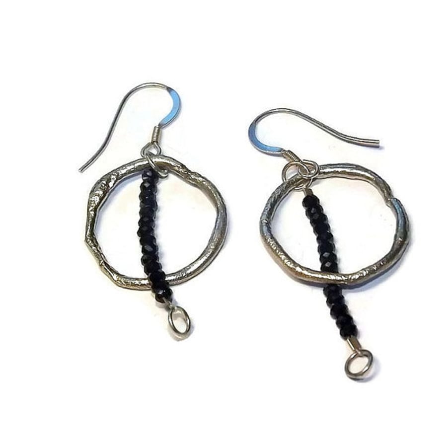 black spinel and sterling silver hoop earrings