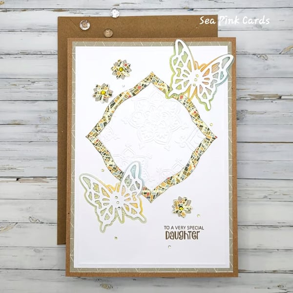 Daughter Birthday Card - cards, embossed, mandala, butterfly, nature colours