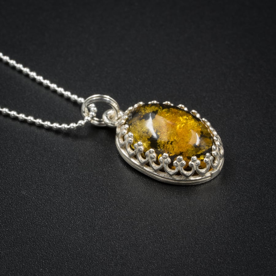 Green Baltic amber and sterling silver gemstone pendant necklace