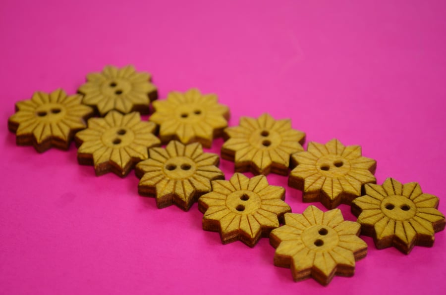 Colourful Wooden Star Flower Buttons Yellow 10pk Flowers 20x20mm (STF7)