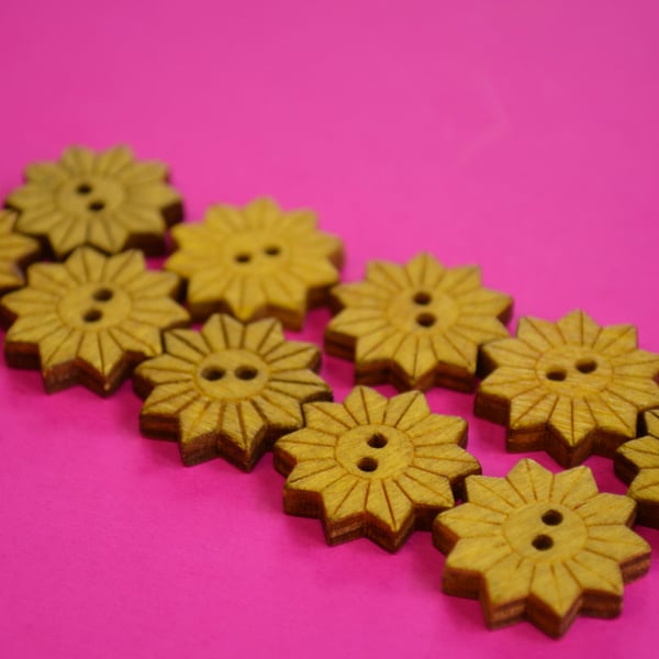 Colourful Wooden Star Flower Buttons Yellow 10pk Flowers 20x20mm (STF7)