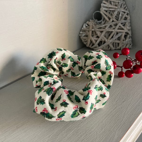 Fabric hair scrunchie, holly fabric, Christmas, festive, winter