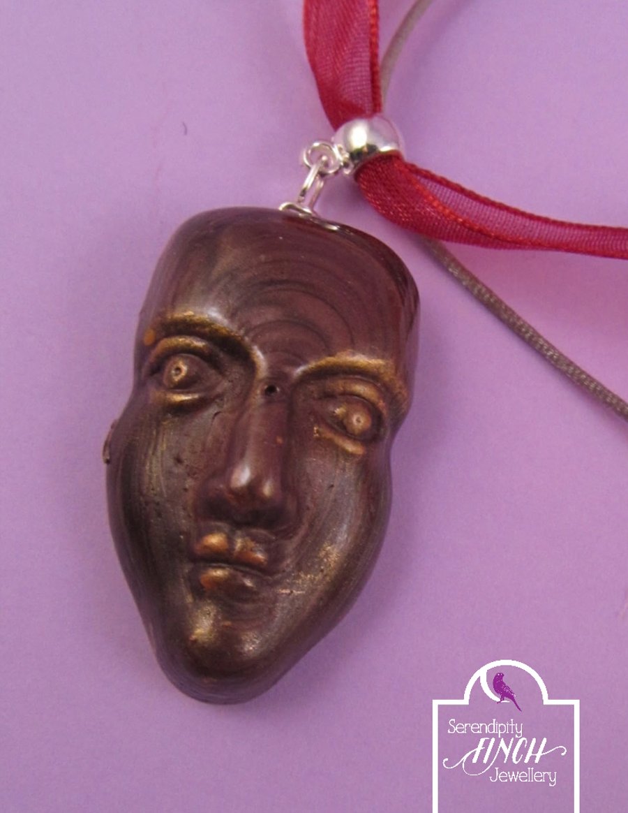 Brown Face Jewel Enamel Pendant Ribbon Necklace