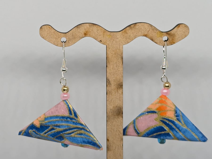  Japanese triangle paper earrings: mauve, blue and coral 