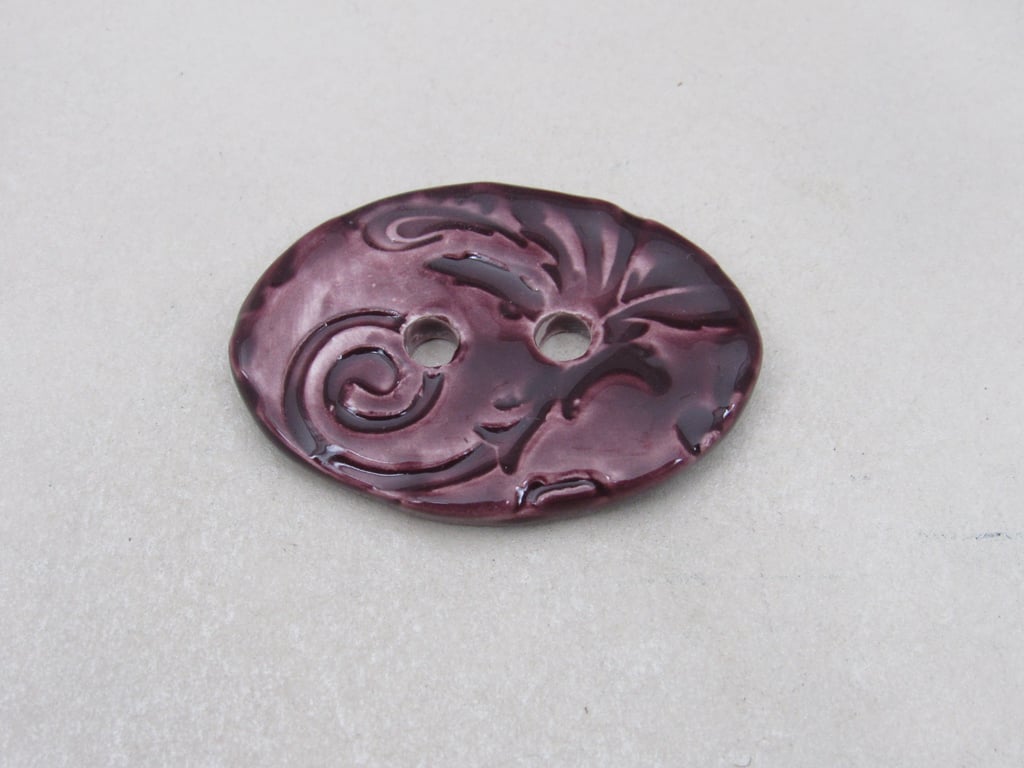 Large Aubergine Purple Brocade Oval Handmade Ceramic Button