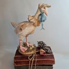 Handmade goose with bonnet soft sculpture