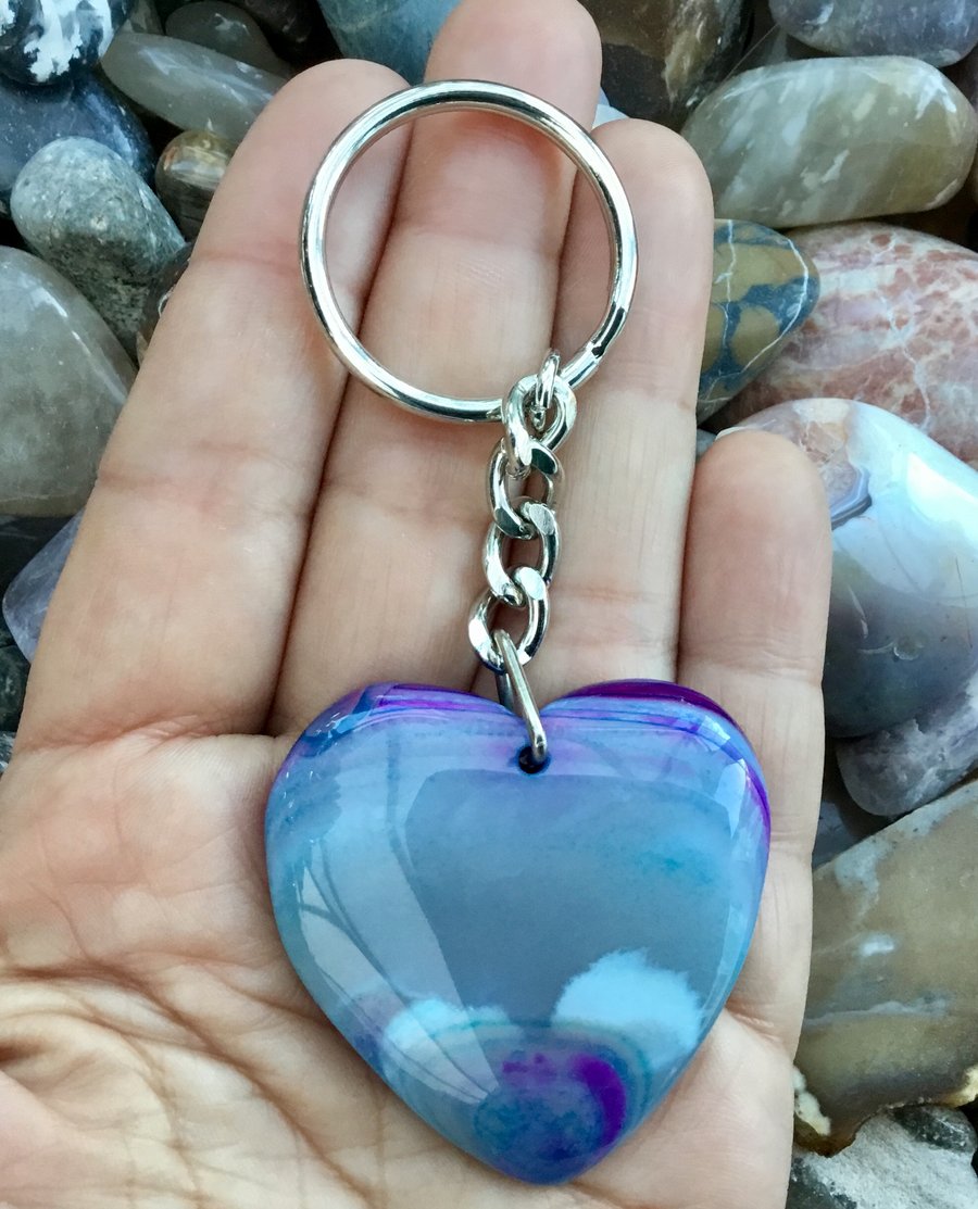 Double Heart!  Pretty Agate Gemstone Heart Keyring or Handbag Charm.