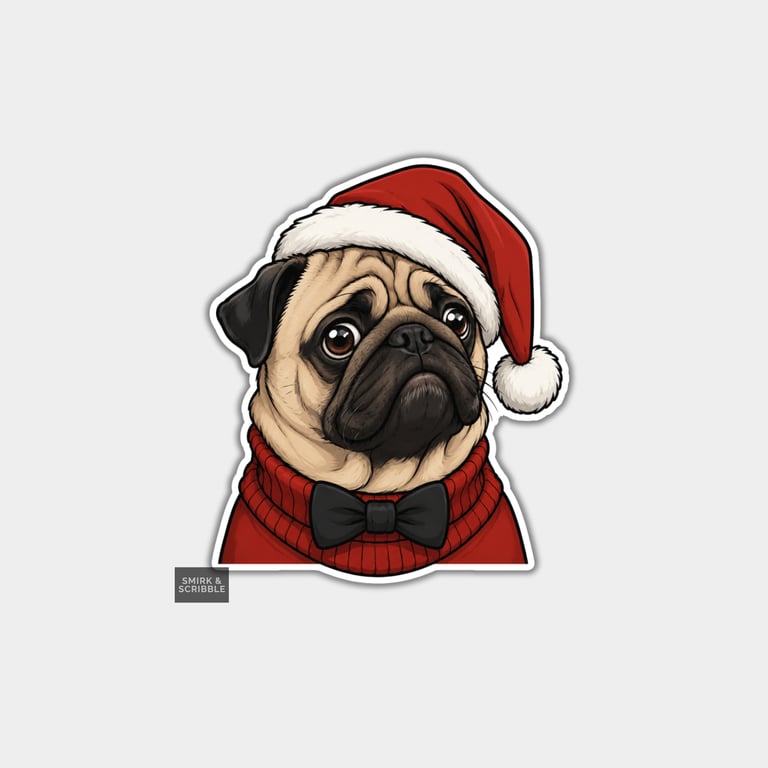 Funny Christmas Sticker Vinyl Xmas Decal For Adults - Cute Pug In Santa Hat