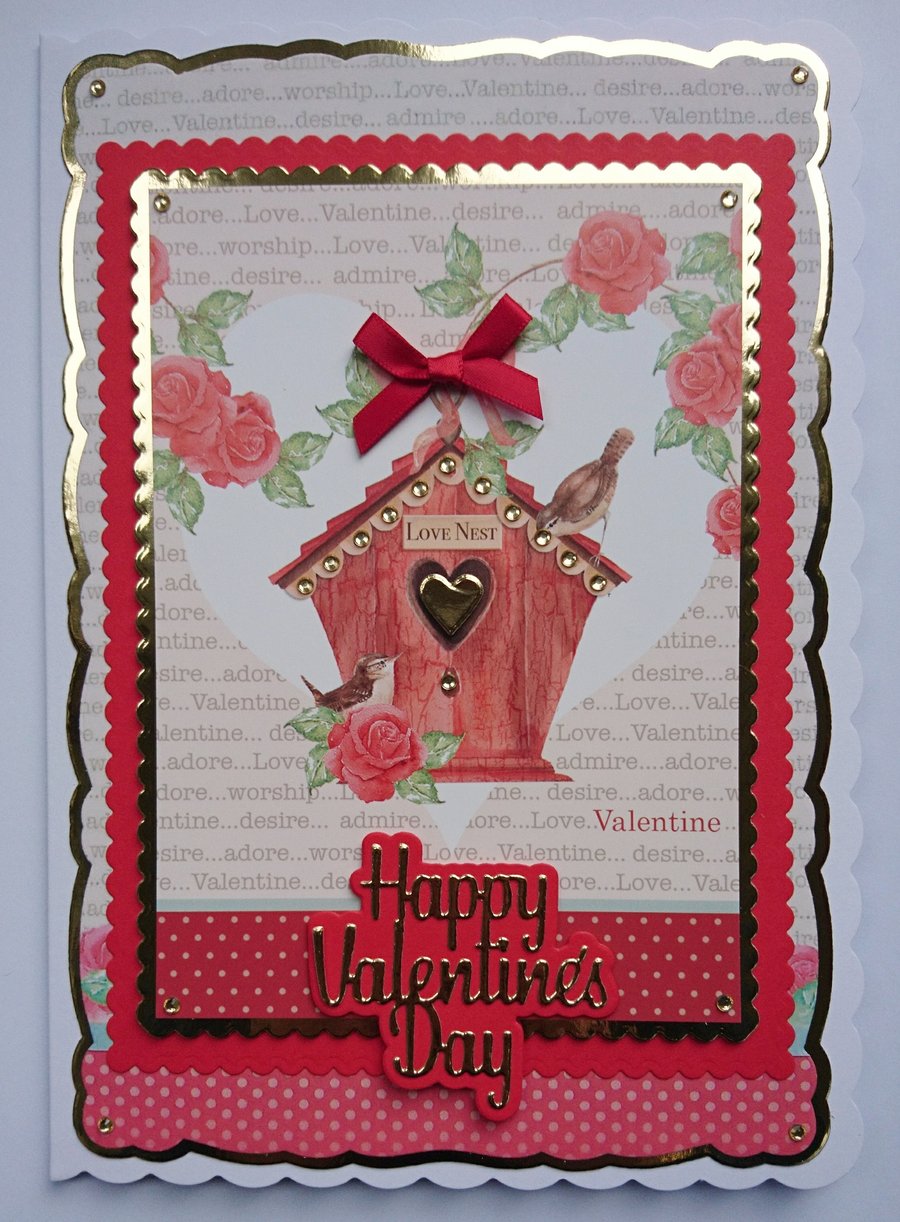 Happy Valentine's Day Love Birds Love Nest Red Roses 3D Luxury Handmade Card 