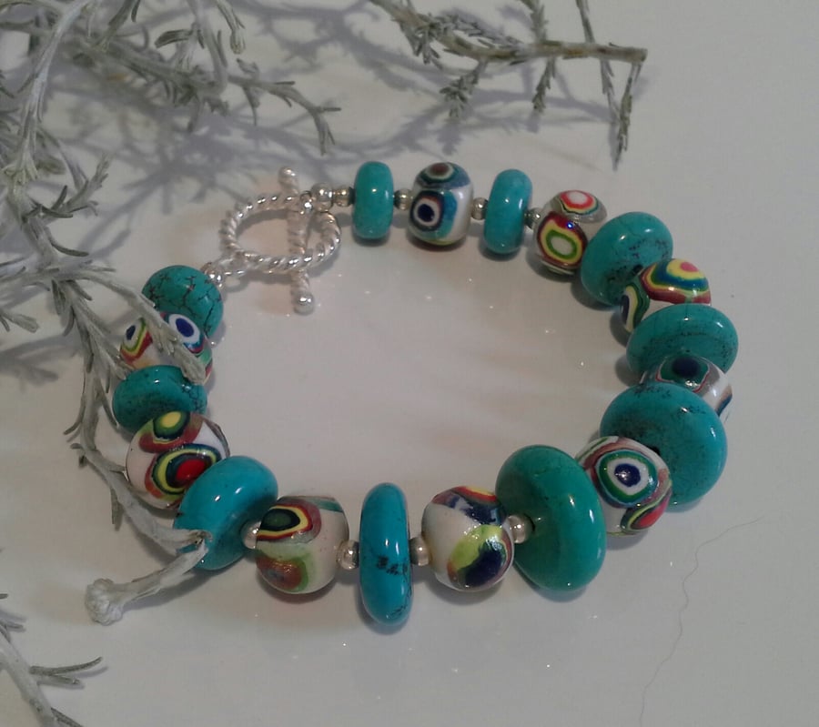 Turquoise Coloured Howlite & Handmade Polymer Clay Silver Plate Bracelet 