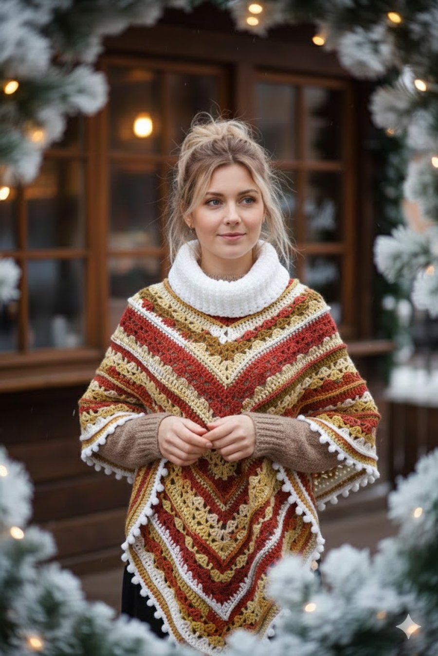 Boho Crochet Poncho Women’s Rust Orange Mustard Yellow Knit Cape Shawl Cowl Neck