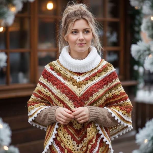 Boho Crochet Poncho Women’s Rust Orange Mustard Yellow Knit Cape Shawl Cowl Neck