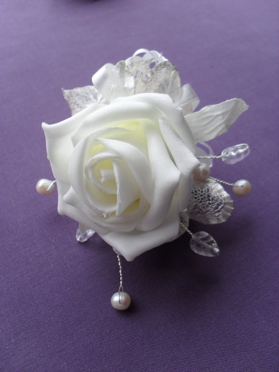 Ivory and Silver Foam Rose Corsage COR001