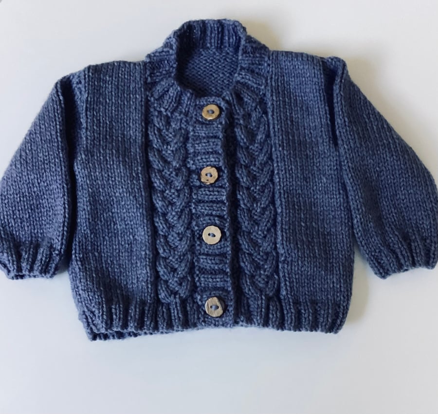 Baby cardigan denim blue hand knit 3-6 months 