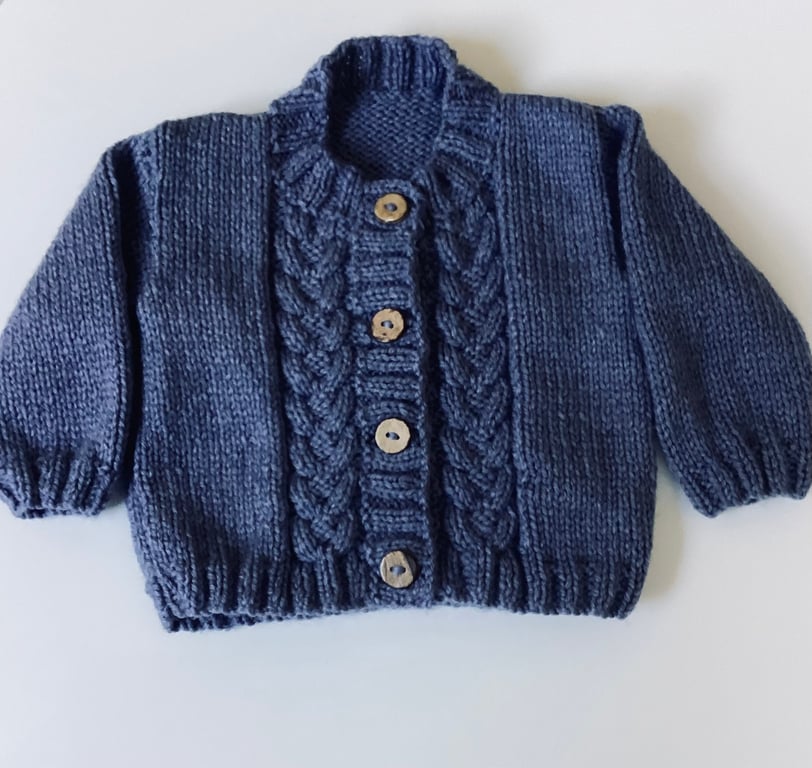 Baby cardigan denim blue hand knit 3-6 months 