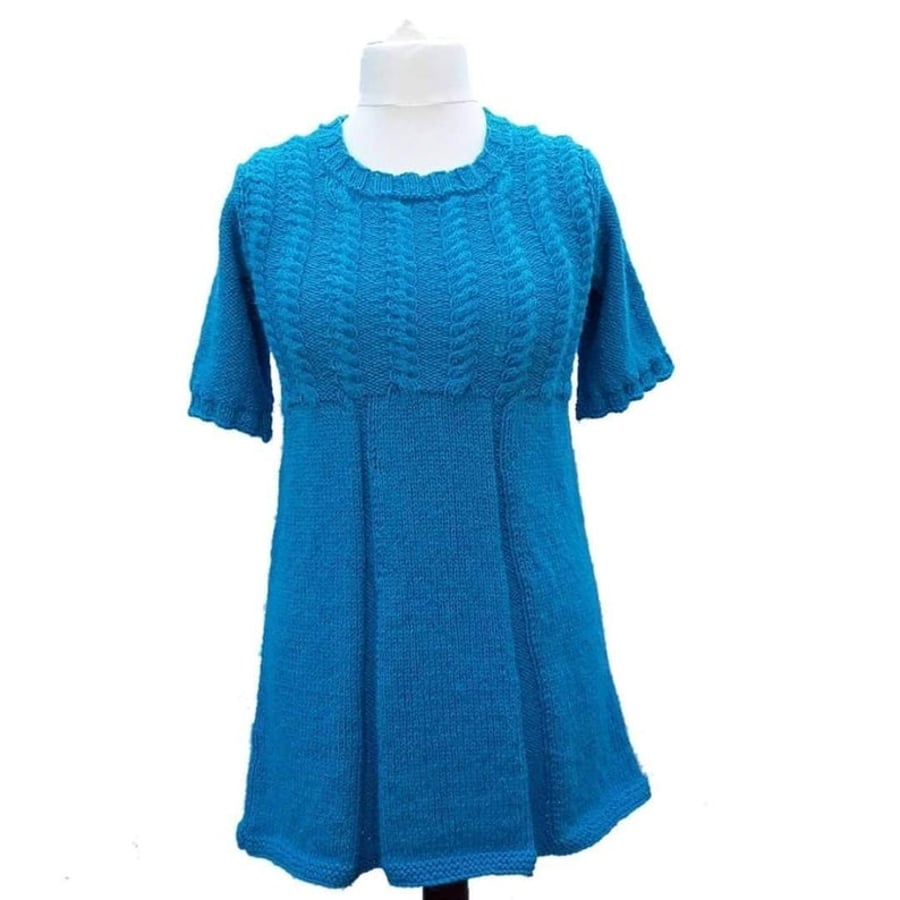 Hand knitted ladies alpaca tunic with cables and pleats short sleeves S - XXXL 