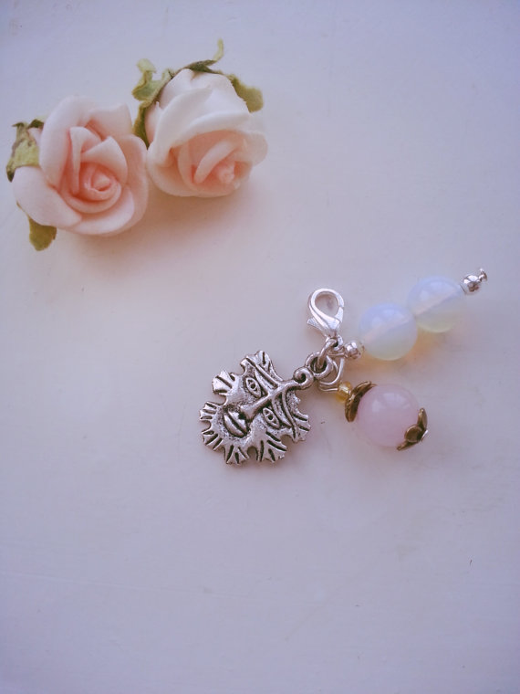 Handmade rose quartz, opalite and green man pagan clip on charm