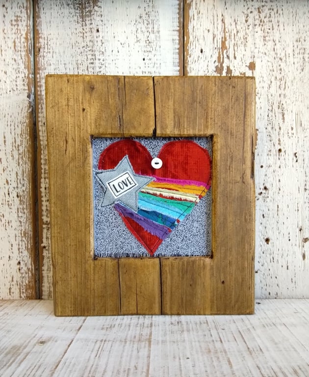 Rustic Reclaimed Wood Rainbow Heart Wall Art, Handmade Textile Fabric Art, LGBTQ