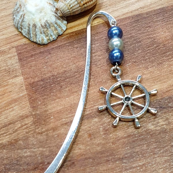 Silver-Plated Bookmark with Glass Beads and Ships Wheel Charm