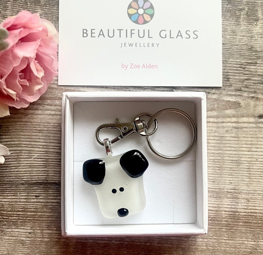 Dog keyring - fused glass puppy, white fused glass