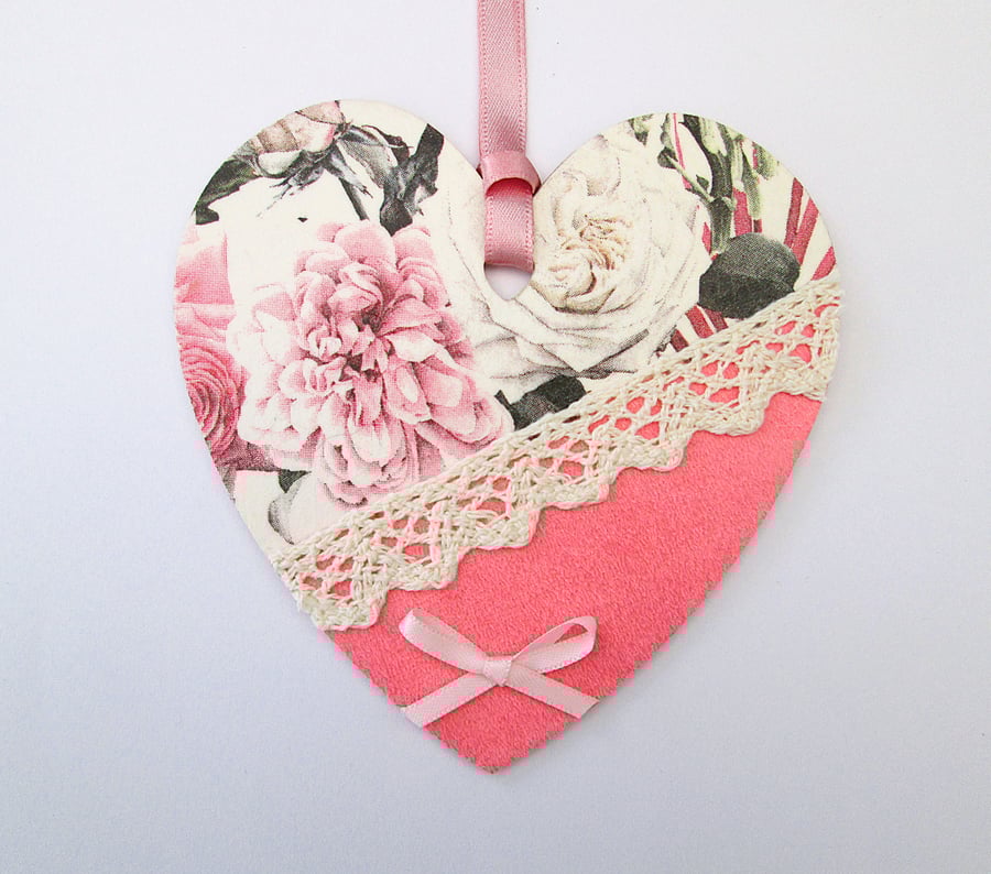Pink floral cottage chic wood decoupage heart hanging decoration