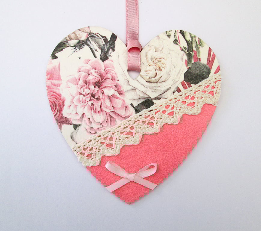 Pink floral cottage chic wood decoupage heart hanging decoration