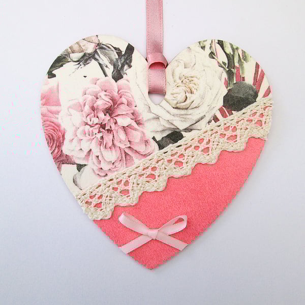 Pink floral cottage chic wood decoupage heart hanging decoration
