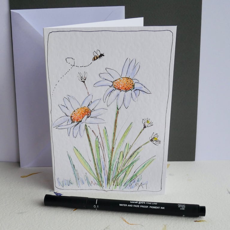 Wildflower and Bee Greetings Card with Envelope - Unique and Hand Painted