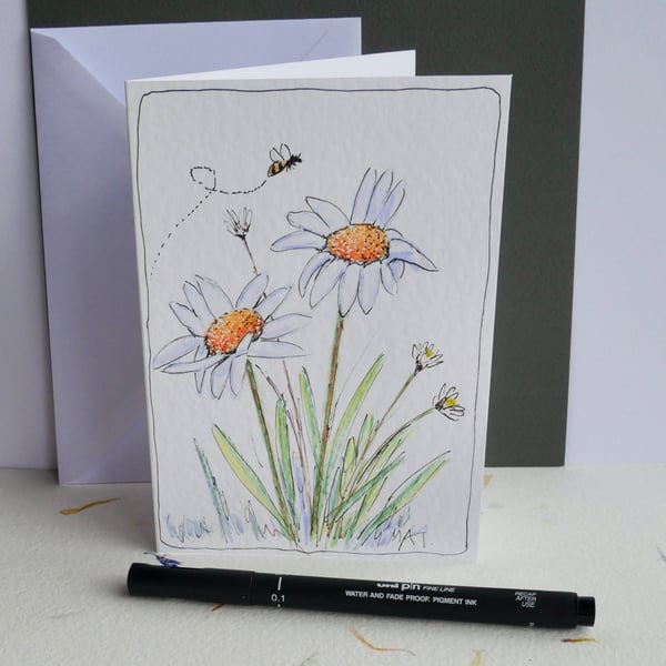 Wildflower and Bee Greetings Card with Envelope - Unique and Hand Painted