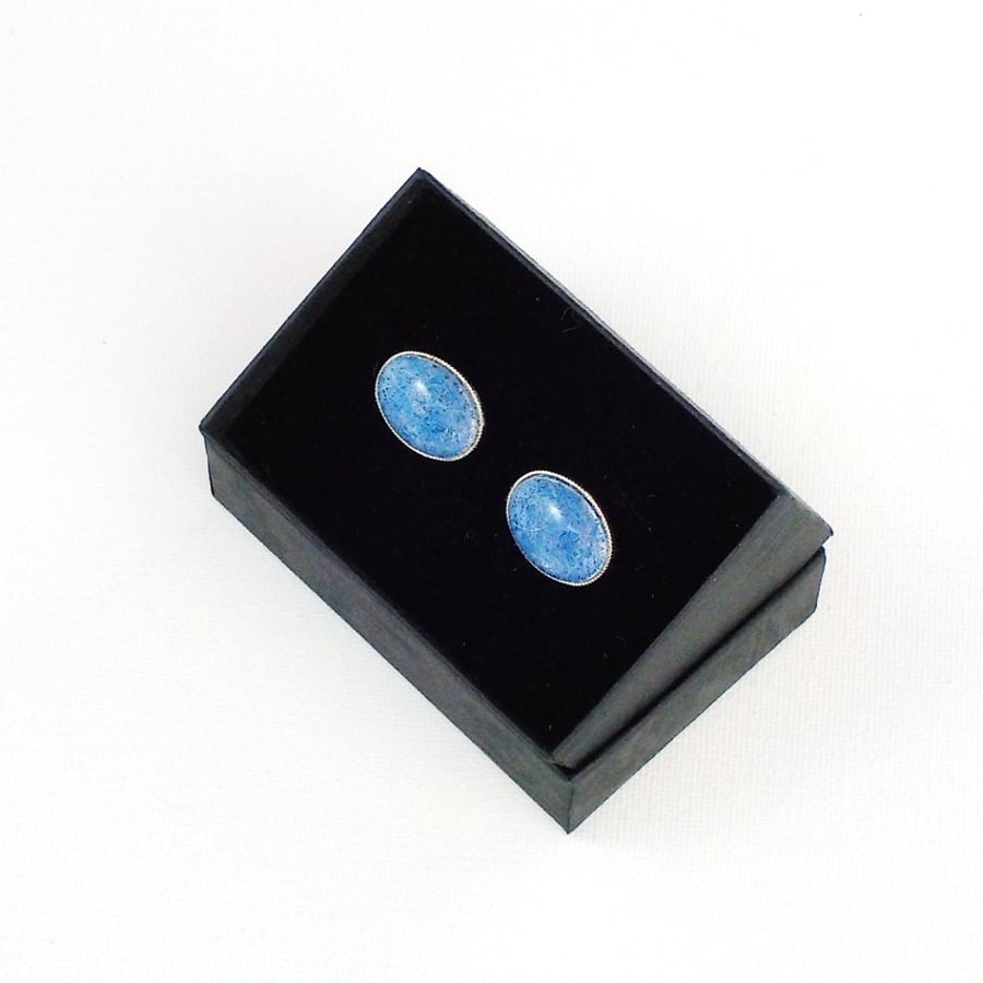 Harris tweed cufflinks pale blue on silver-plated oval base