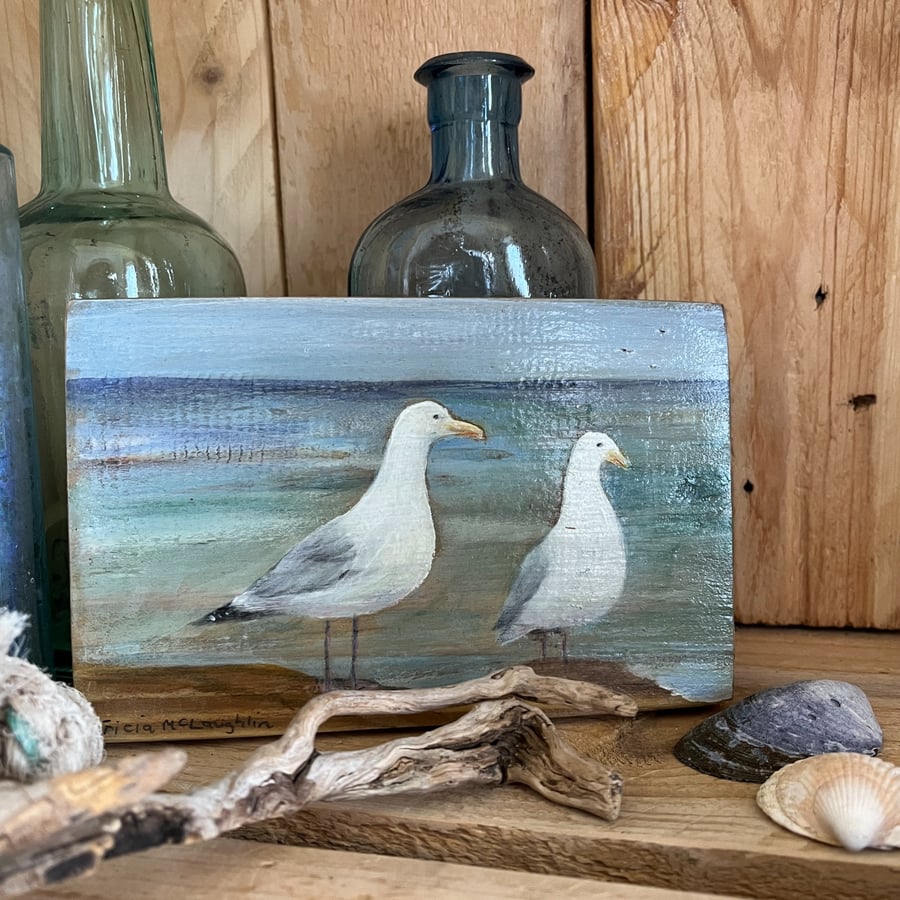 Original acrylic painting of seagulls on reclaimed wood
