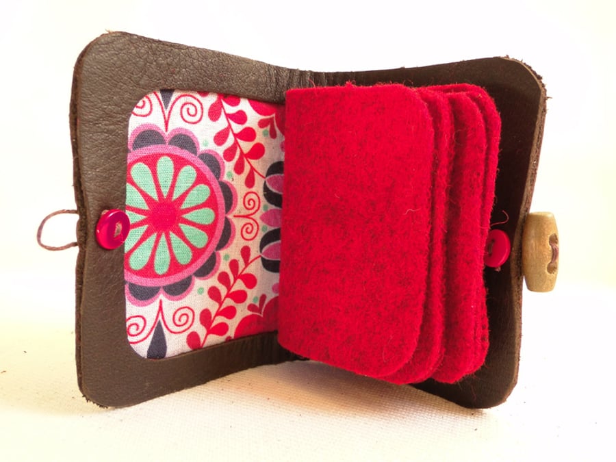 Needle Case - Brown Leather with Scandinavian Floral Fabric - Needle Book