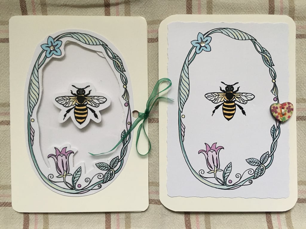 Bee Design Illustration Handmade Set of 2 Postcards and Recycled Envelopes